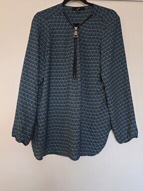 GNW - Teal/White/Black Geometric Chevron Print Half-Zip Blouse Long Sleeve Top